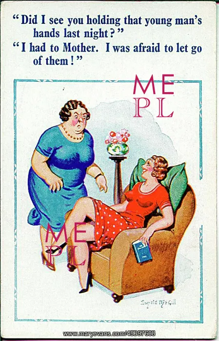 : Comic postcard, Mother questions daughter about a man : Comic postcard, Mother questions daughter about a man
