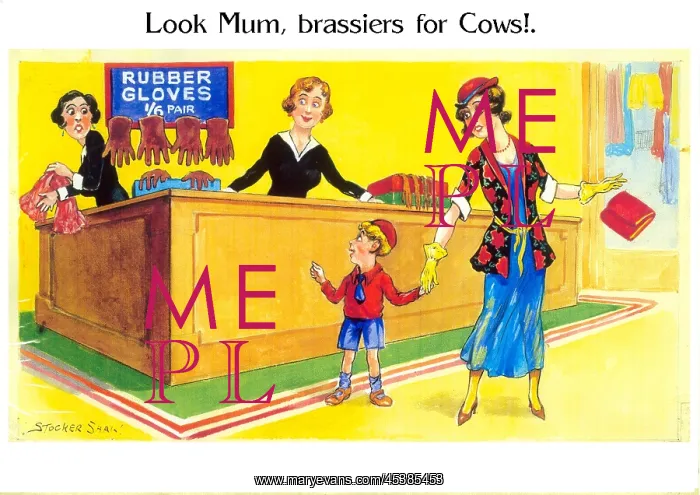 : Comic postcard, Mother and son in department store : Comic postcard, Mother and son in department store