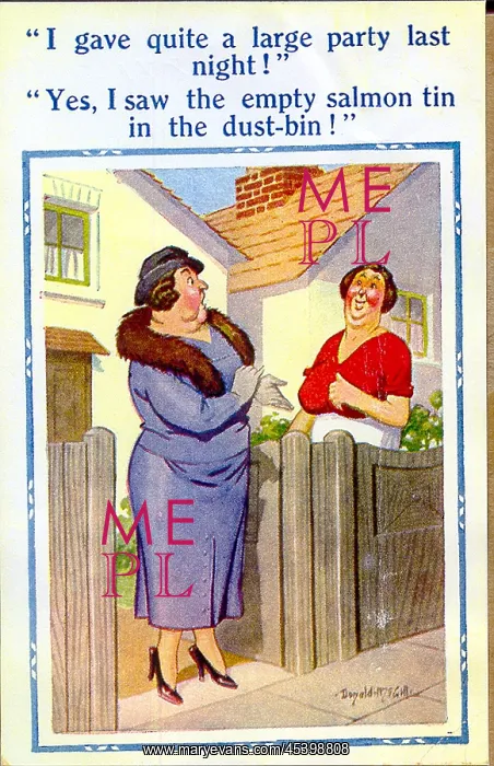 : Comic postcard, Neighbours chatting at the gate : Comic postcard, Neighbours chatting at the gate
