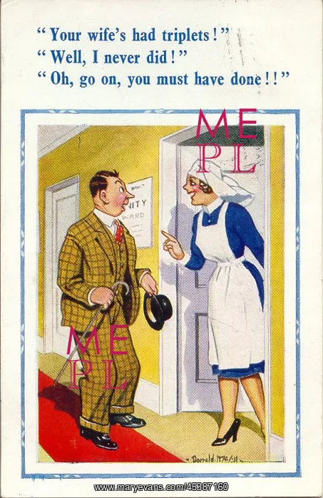 : Comic postcard, New father with maternity nurse : Comic postcard, New father with maternity nurse