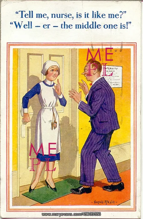 : Comic postcard, New father with maternity nurse : Comic postcard, New father with maternity nurse