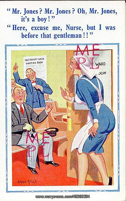 : Comic postcard, New fathers waiting in maternity ward : Comic postcard, New fathers waiting in maternity ward