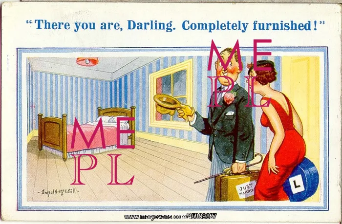 : Comic postcard, Newlywed couple in bedroom : Comic postcard, Newlywed couple in bedroom