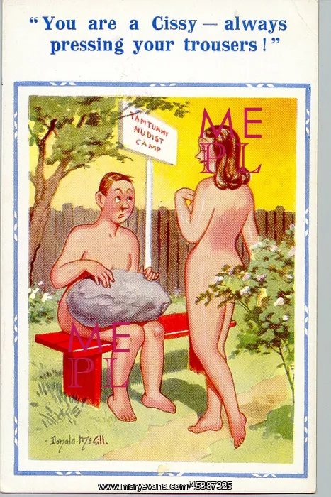 : Comic postcard, Nudist Camp - man pressing trousers : Comic postcard, Nudist Camp - man pressing trousers