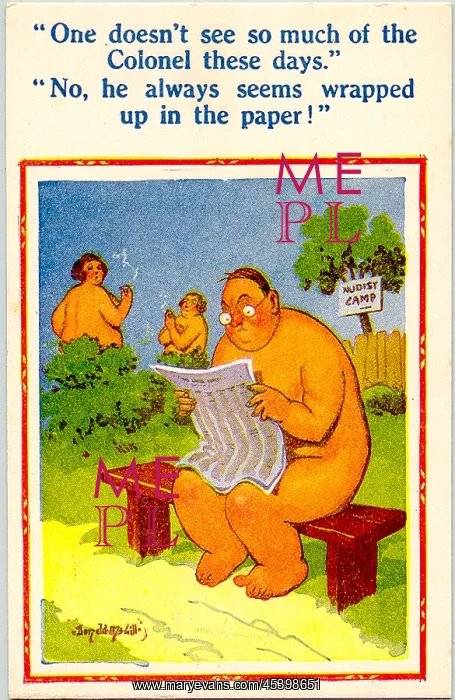 : Comic postcard, Nudist Camp - man reading newspaper : Comic postcard, Nudist Camp - man reading newspaper