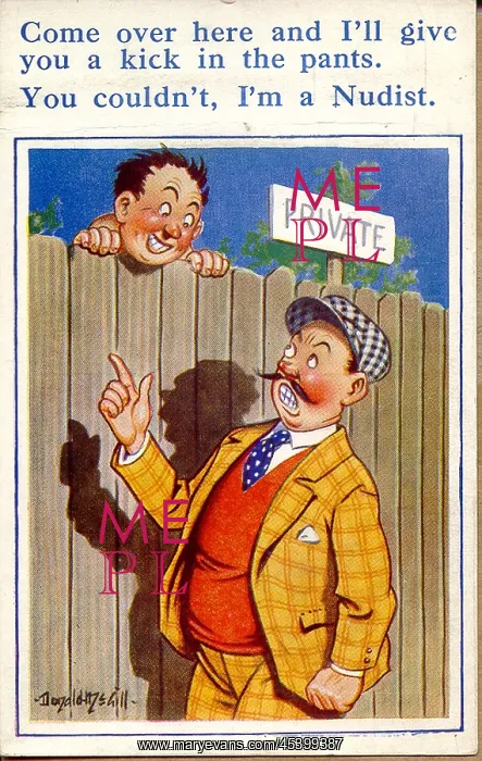 : Comic postcard, Nudist Camp, two men chat over fence : Comic postcard, Nudist Camp, two men chat over fence