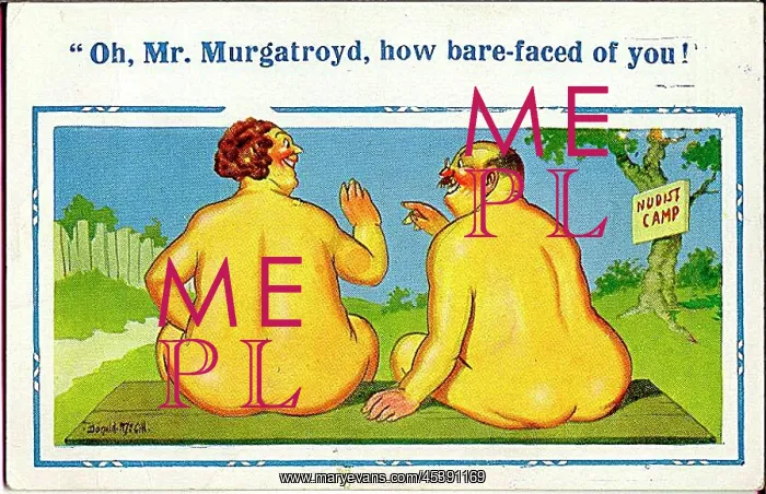  : Comic postcard, Nudist Camp - plump couple