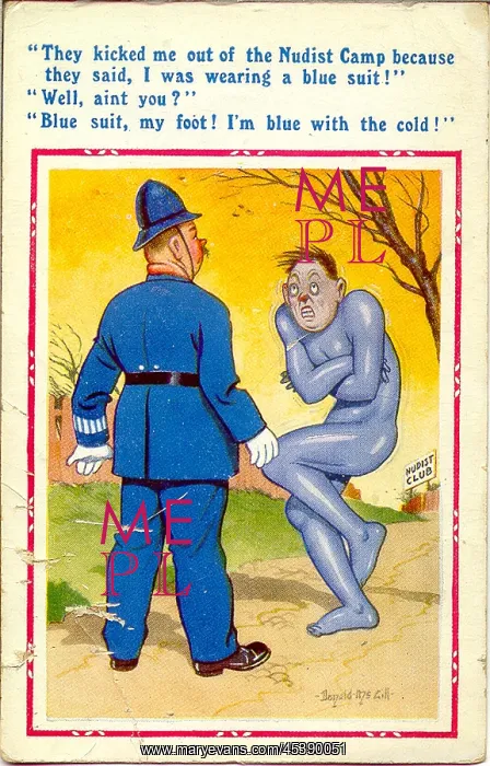 : Comic postcard, Nudist Club - kicked out : Comic postcard, Nudist Club - kicked out