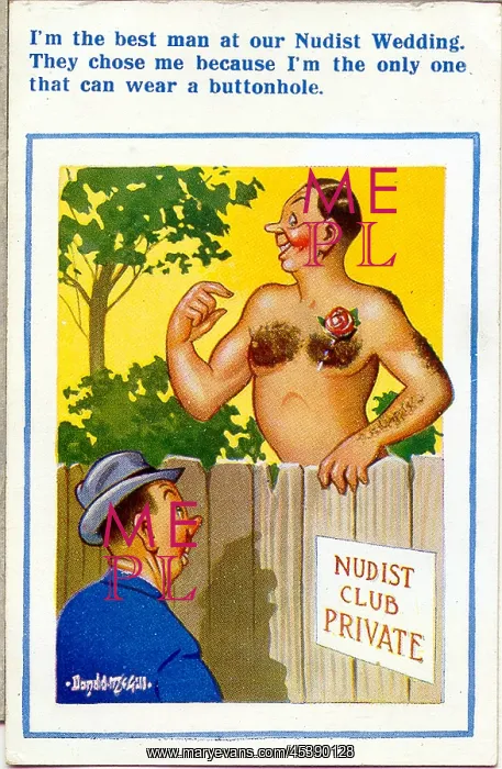 : Comic postcard, Nudist Club, man with buttonhole : Comic postcard, Nudist Club, man with buttonhole
