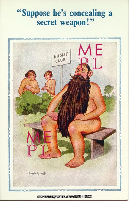 : Comic postcard, Nudist Club - man with long beard : Comic postcard, Nudist Club - man with long beard