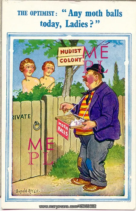 : Comic postcard, Nudist Colony, man selling mothballs : Comic postcard, Nudist Colony, man selling mothballs