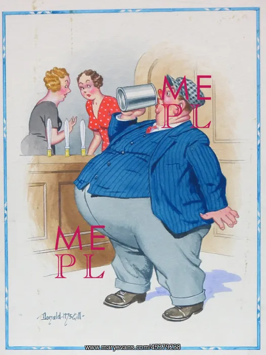: Comic postcard, Obese man drinking in pub : Comic postcard, Obese man drinking in pub