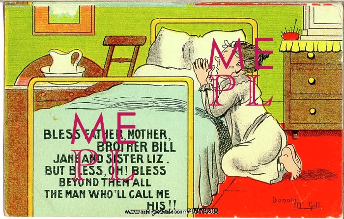 : Comic postcard, Old maid saying her prayers : Comic postcard, Old maid saying her prayers