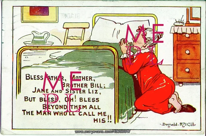 : Comic postcard, Old maid saying her prayers : Comic postcard, Old maid saying her prayers
