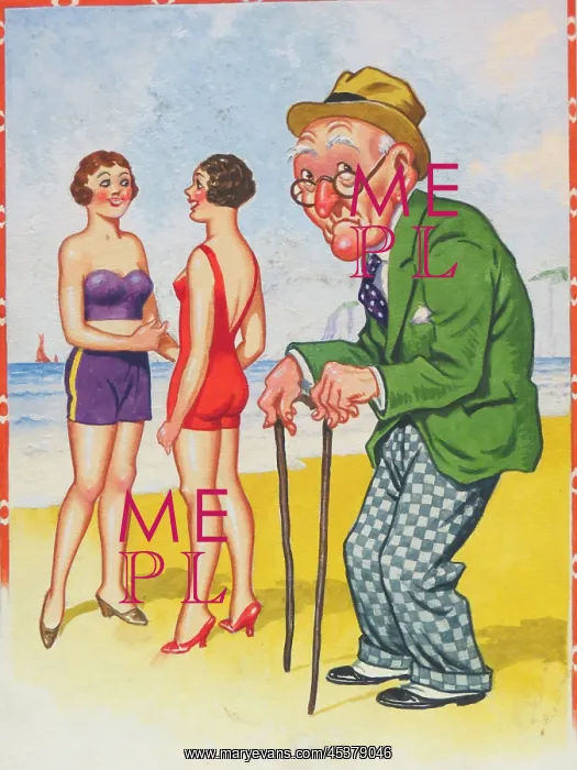 : Comic postcard, Old man with pretty women on the beach : Comic postcard, Old man with pretty women on the beach