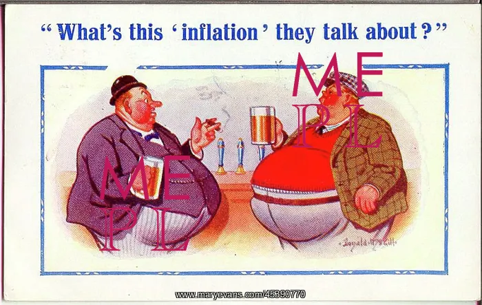 : Comic postcard, Overweight men in pub discuss inflation : Comic postcard, Overweight men in pub discuss inflation