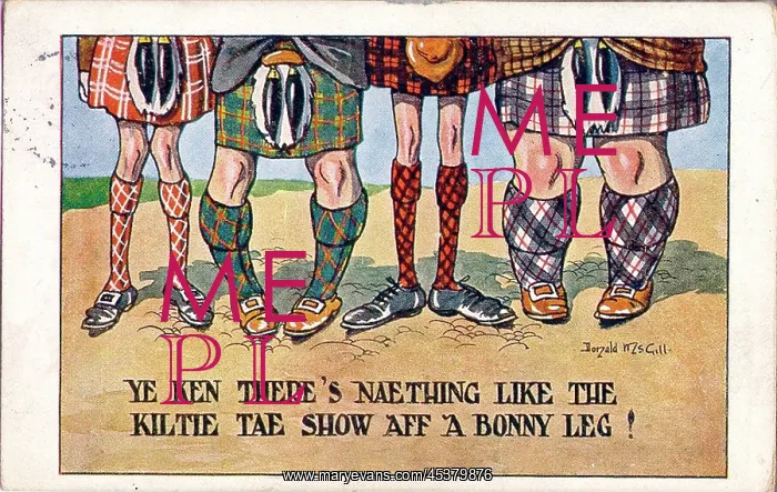 : Comic postcard, Four pairs of Scottish legs : Comic postcard, Four pairs of Scottish legs