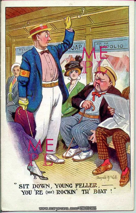: Comic postcard, passengers on underground train, WW1 : Comic postcard, passengers on underground train, WW1