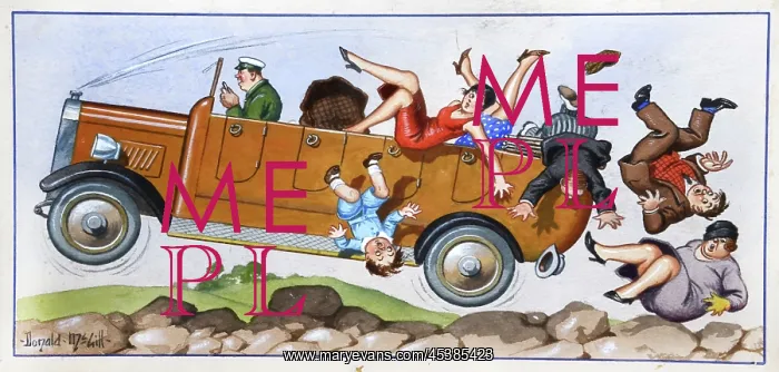 : Comic postcard, People falling out of car on bumpy ride : Comic postcard, People falling out of car on bumpy ride
