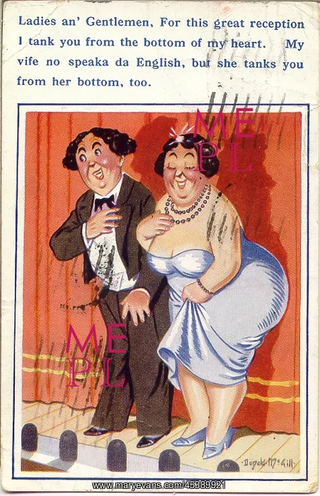 : Comic postcard, Performing couple taking a bow : Comic postcard, Performing couple taking a bow