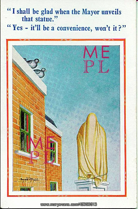 : Comic postcard, Two pigeons wait for statue unveiling : Comic postcard, Two pigeons wait for statue unveiling