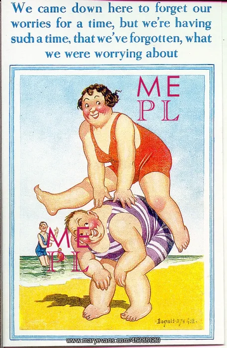 : Comic postcard, Plump couple leapfrogging on the beach : Comic postcard, Plump couple leapfrogging on the beach