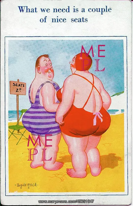 : Comic postcard, Plump couple at the seaside : Comic postcard, Plump couple at the seaside