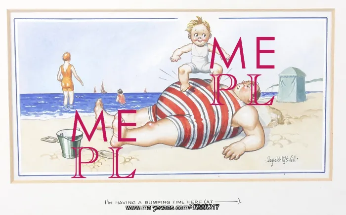 : Comic postcard, Plump man and boy on the beach : Comic postcard, Plump man and boy on the beach