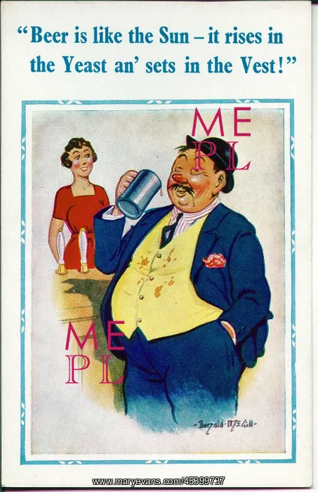  : Comic postcard, Plump man drinking in pub