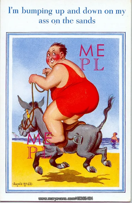 : Comic postcard, Plump man riding donkey on beach : Comic postcard, Plump man riding donkey on beach