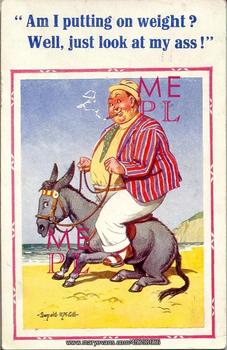 : Comic postcard, Plump man riding donkey on beach : Comic postcard, Plump man riding donkey on beach