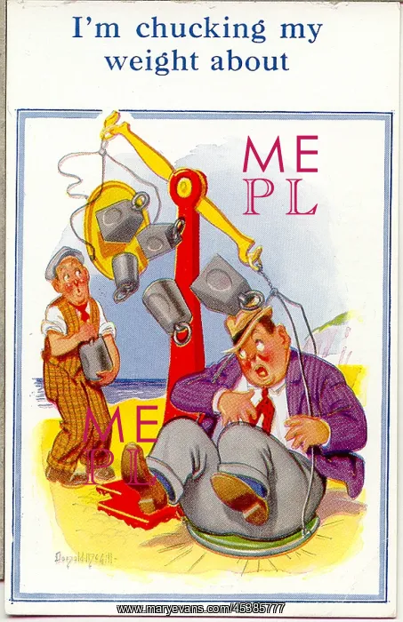 : Comic postcard, Plump man weighing himself on beach : Comic postcard, Plump man weighing himself on beach