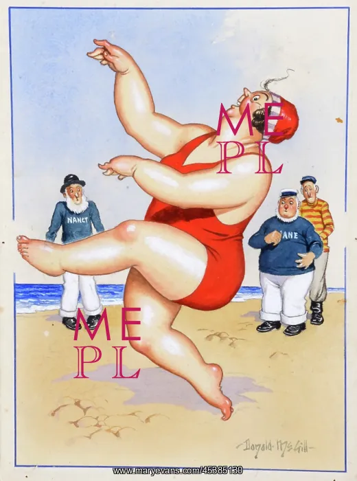 : Comic postcard, Plump woman dancing on the beach : Comic postcard, Plump woman dancing on the beach