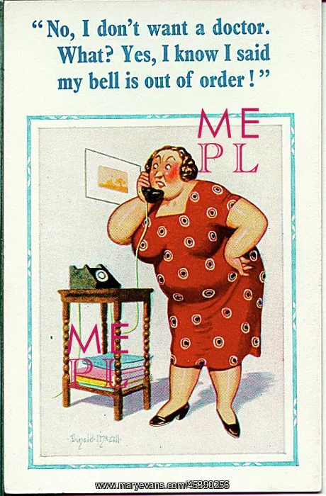 : Comic postcard, Plump woman on the phone : Comic postcard, Plump woman on the phone