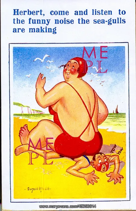 : Comic postcard, Plump woman sitting on man on beach : Comic postcard, Plump woman sitting on man on beach