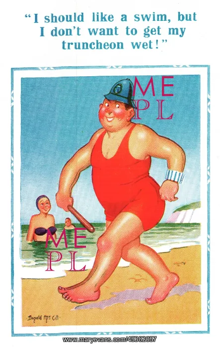: Comic postcard, policeman on the beach : Comic postcard, policeman on the beach