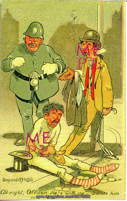 : Comic postcard, Policeman and two drunks in the street : Comic postcard, Policeman and two drunks in the street