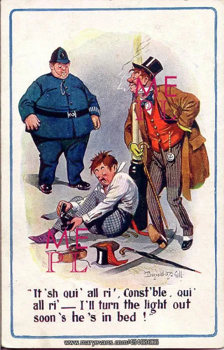 : Comic postcard, Policeman and two drunks in the street : Comic postcard, Policeman and two drunks in the street