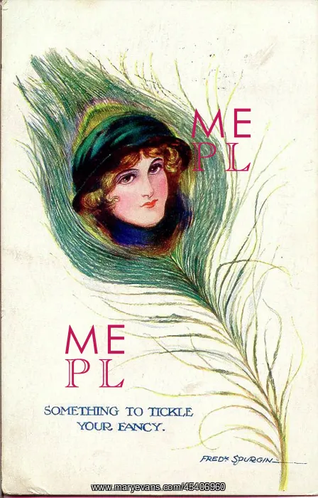 : Comic postcard, Pretty woman with peacock feather : Comic postcard, Pretty woman with peacock feather
