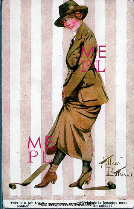 : Comic postcard, Pretty woman in uniform, WW1 : Comic postcard, Pretty woman in uniform, WW1