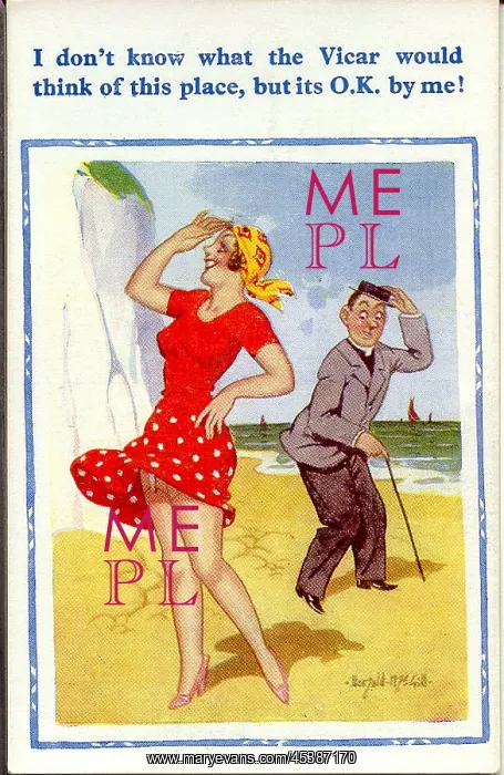 : Comic postcard, Pretty woman and vicar on the beach : Comic postcard, Pretty woman and vicar on the beach
