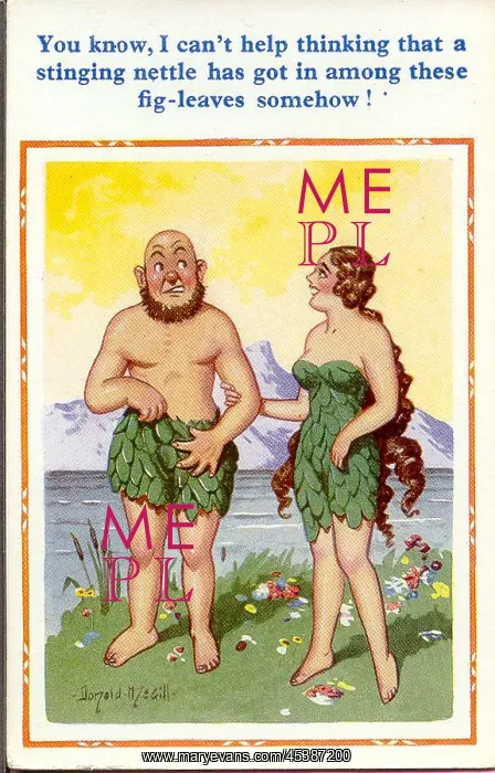 : Comic postcard, Primitive couple in fig leaves : Comic postcard, Primitive couple in fig leaves