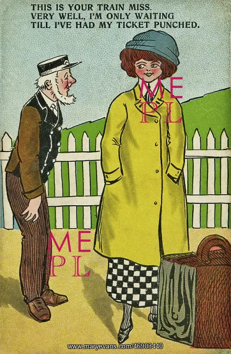 : Comic postcard, railway station platform : Comic postcard, railway station platform