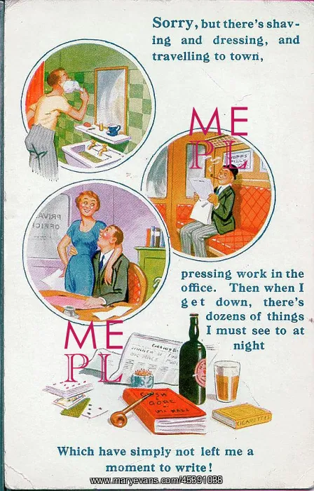 : Comic postcard, reasons for not writing : Comic postcard, reasons for not writing