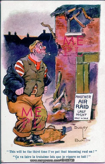 : Comic postcard, Roof damaged in air raid, WW1 : Comic postcard, Roof damaged in air raid, WW1