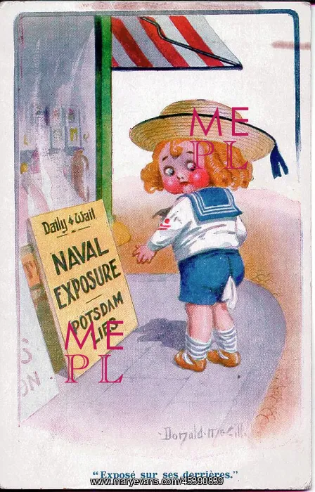 : Comic postcard, Sailor boy reads headlines, WW1 : Comic postcard, Sailor boy reads headlines, WW1
