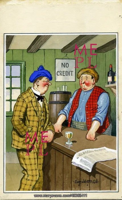 : Comic postcard, Scene in a Glasgow pub : Comic postcard, Scene in a Glasgow pub