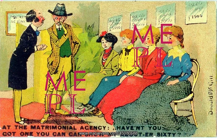 : Comic postcard, Scene at a matrimonial agency : Comic postcard, Scene at a matrimonial agency