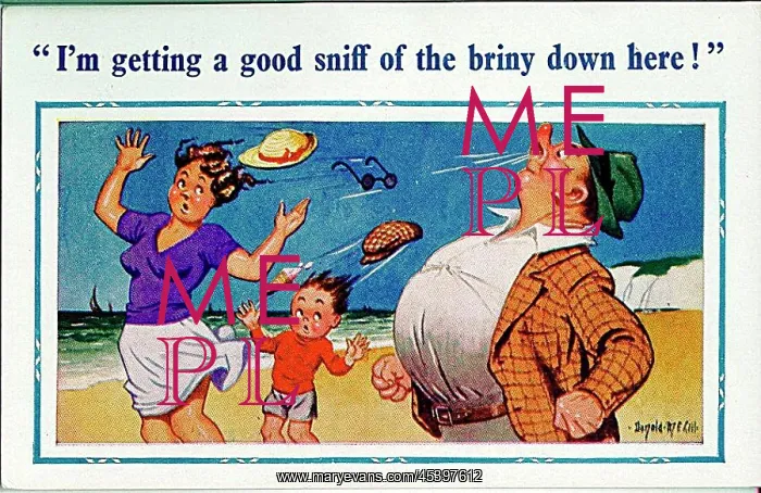 : Comic postcard, Scene at the seaside on a windy day : Comic postcard, Scene at the seaside on a windy day