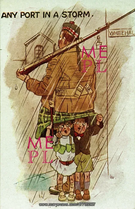 : Comic postcard, Scots soldier, Any Port in a Storm : Comic postcard, Scots soldier, Any Port in a Storm